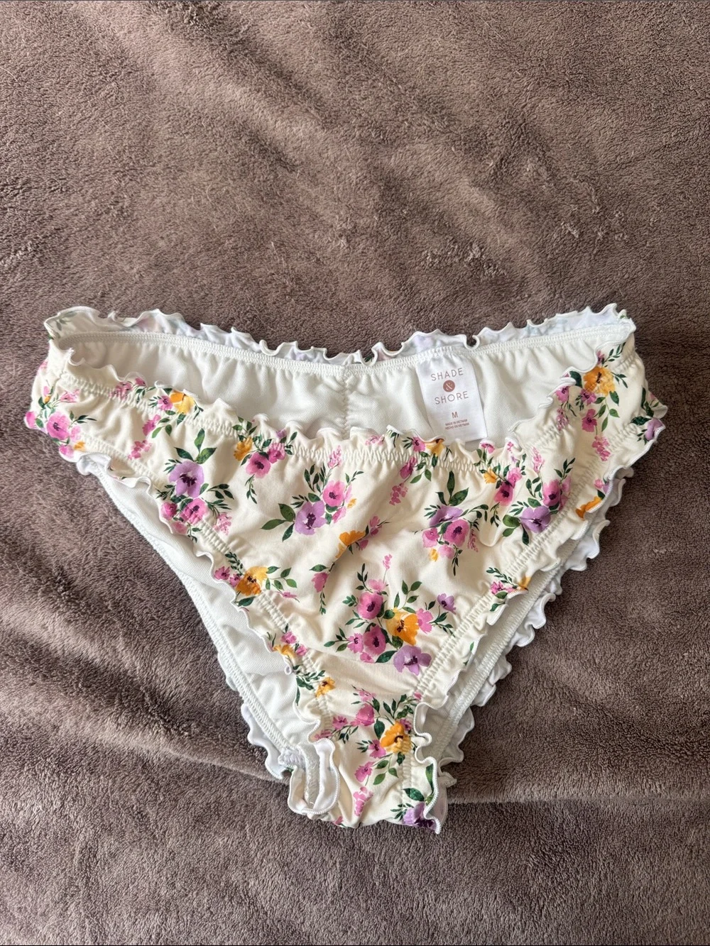 Shade & Shore Cream Floral Ruffle Bikini Bottoms with Pink and Yellow Flowers